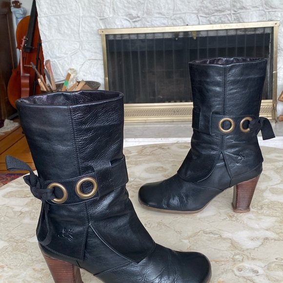 John Fluevog Soprano Inge Black Leather Boots Heels - Picture 2 of 13